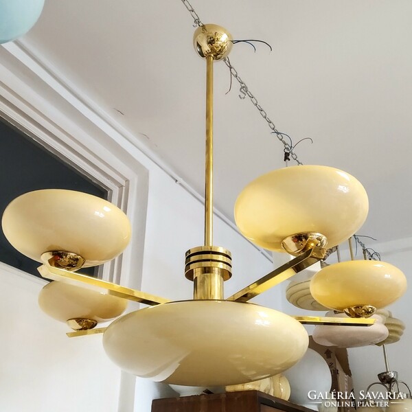 Art deco - streamlined 5-arm, 7-burner copper chandelier renovated - cream shades
