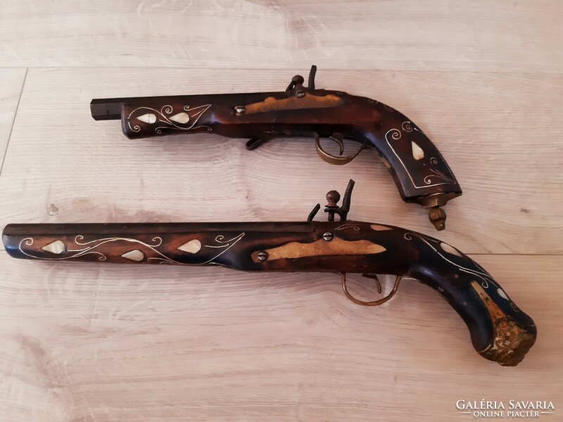 Pair of old mother-of-pearl inlaid flint pistols, copy, wall decoration