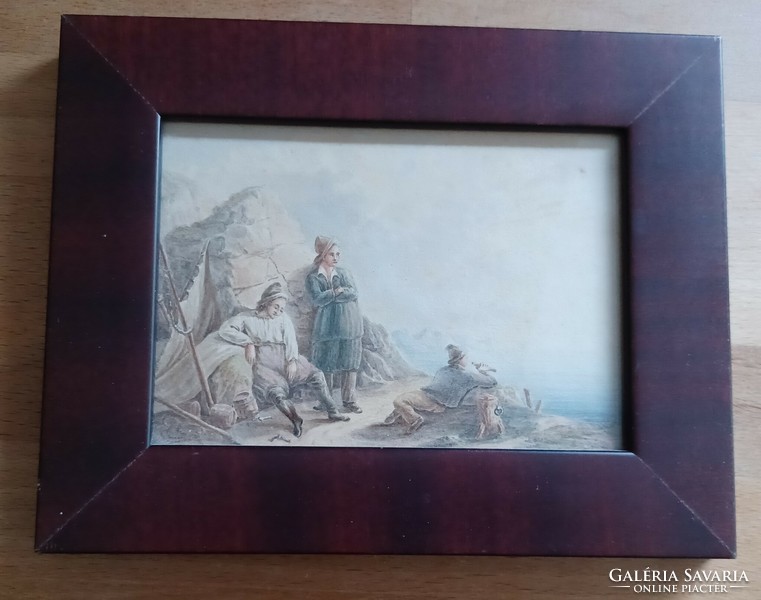 Hajótöröttek: antik akvarell, ismeretlen alkotótól. Kisméretű kép.