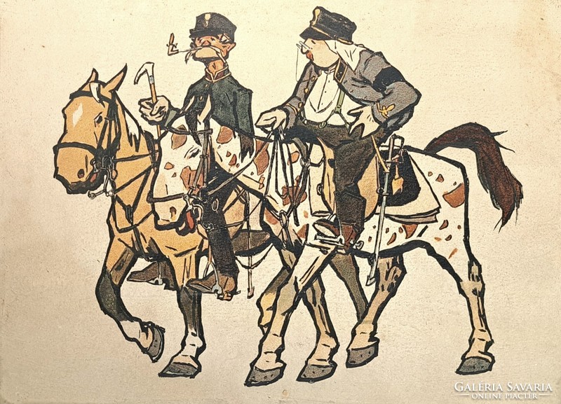 Pajtás Ödön karikatúra a katonai életről - litográfia, 1910-es évek - Szmrecsányi Ödön