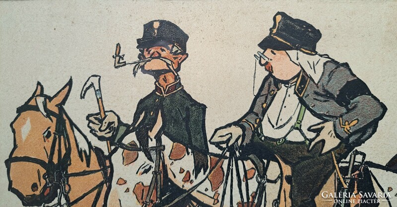 Pajtás Ödön karikatúra a katonai életről - litográfia, 1910-es évek - Szmrecsányi Ödön
