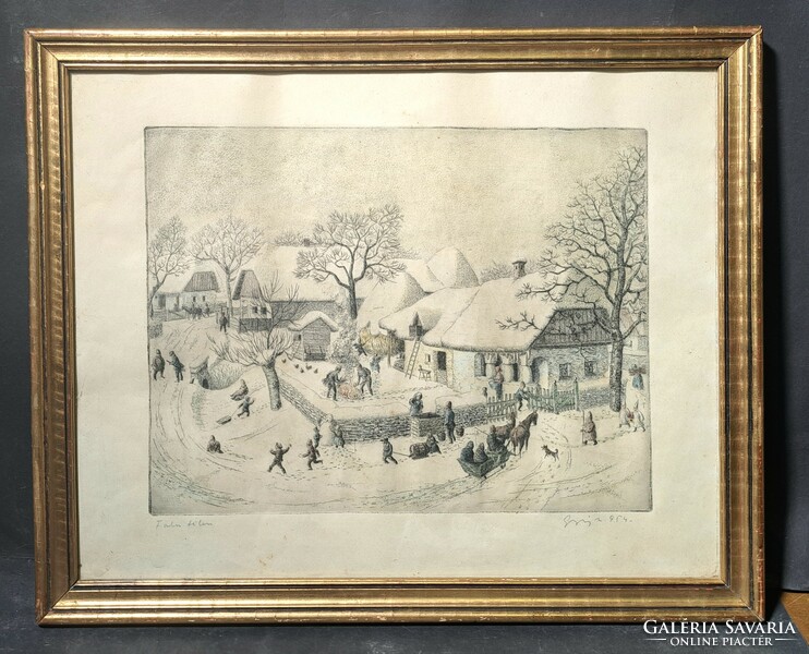Winter still life (colored etching) signed, 1954 - still life (village in winter)