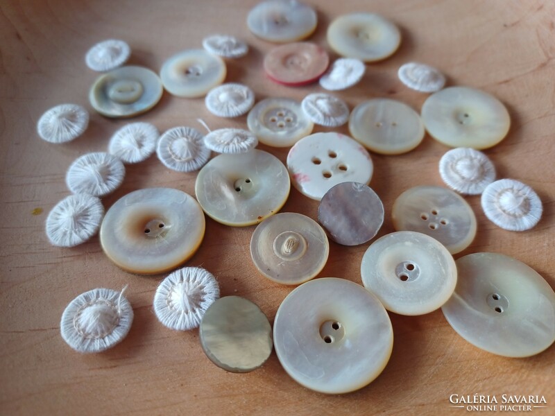 Antique buttons - mother of pearl and thread - vintage sewing accessories