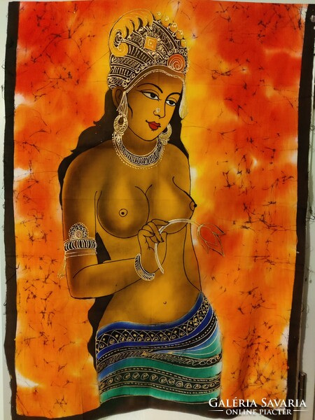 Félmeztelen hindu nő, indiai vászonra festett batik falikép Indiából