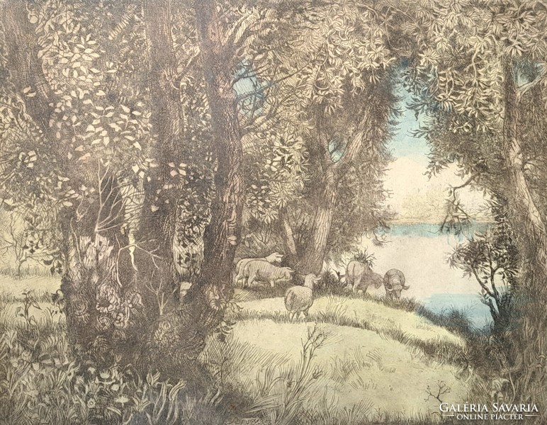 Remsey Jenő: Erdőszéle (színezett rézkarc) tájkép bárányokkal, állatos kép