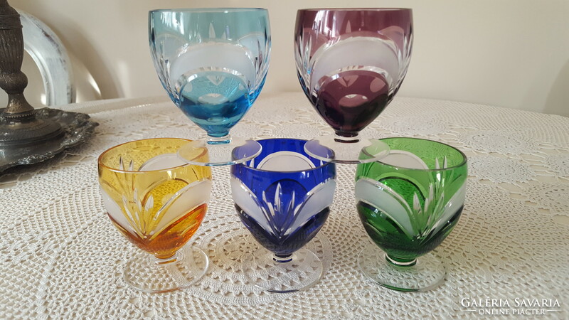 Engraved, etched colored crystal glasses 5 pcs.