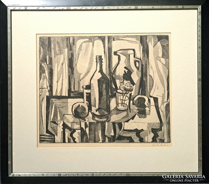 György Kádár (1912-2002): still life (etching) in a modern silver and black frame!