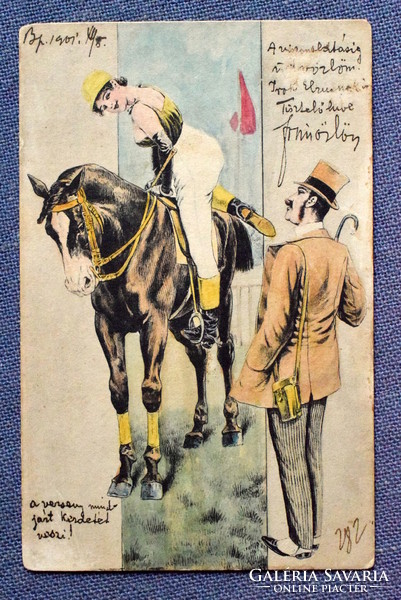 Antik kicsit pajzán kézzel kifestett grafikus képeslap  - úr és lóra felülő hölgy  udvarlás 1901ből