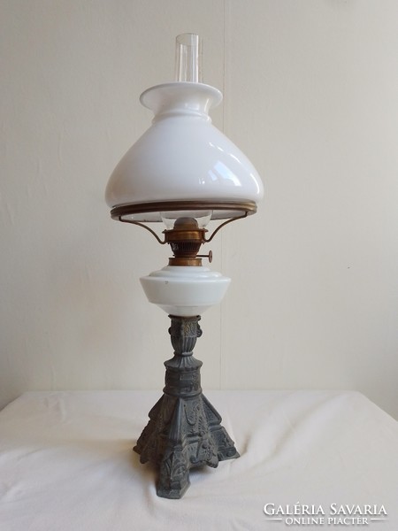 Antique old table kerosene lamp cast iron base milk glass container marked cylinder porcelain shade 48c