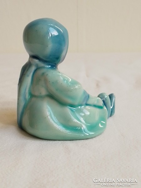 Old earthenware blue turquoise base glaze Zsolnay ceramic figure Sincó András Annuska sitting little girl