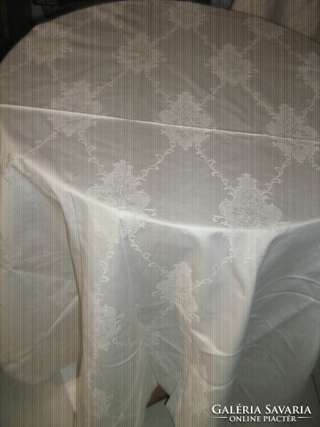 Beautiful antique white rose damask tablecloth with small openwork pattern