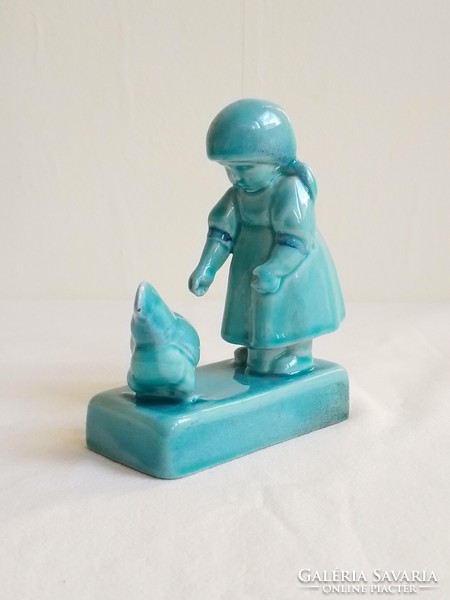 Old earthenware blue turquoise underglaze Zsolnay ceramic figure statue András Sinkó little girl feeding a hen