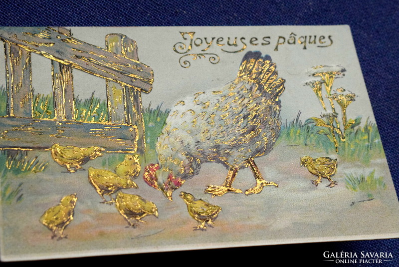 Antik dombornyomott Húsvéti  üdvözlő képeslap baromfiudvar