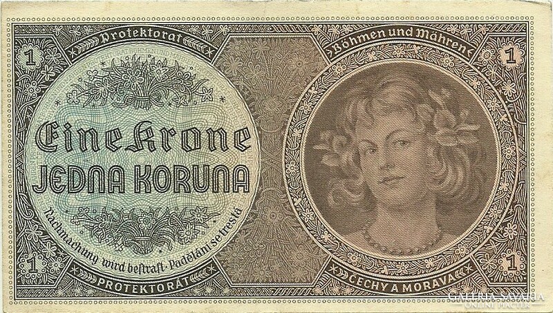 1 korun korona koruna krone 1940 Cseh Morva Protektorátus 3.