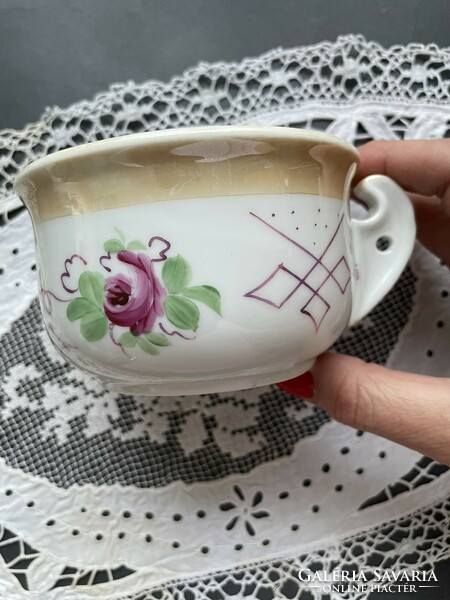 Old, thick-walled stoneware cup, coma mug Viennese rose, luster