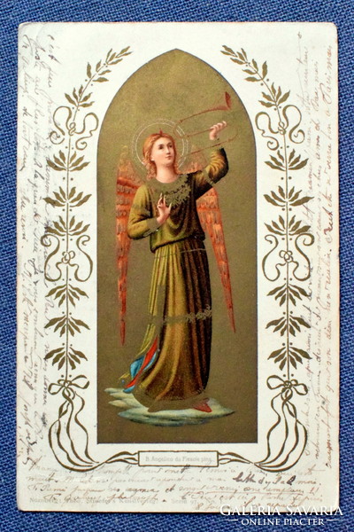 Antik arany hátterű képeslap  - angyal harsonával  1902ből