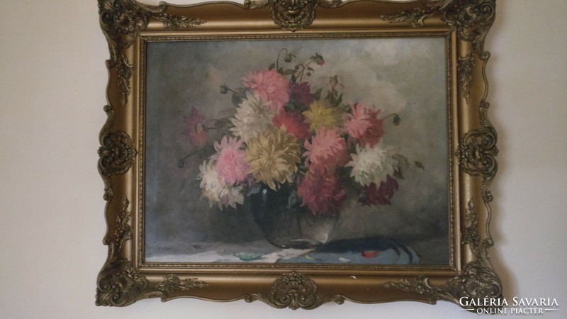 Slosár Károly (1903-1978) festőművész Virágcsokor c. festménye, 98*77 cmm méretű, hibátlan