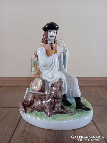 Régi Zsolnay furulyázó juhász kutyájával porcelán figura