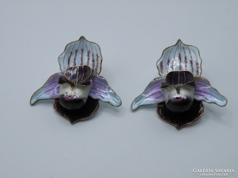 Uk0152 special gold plated silver fire enamel orchid earrings 925