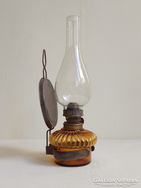 Antique old kitchen wall/table kerosene lamp amber glass body spotlight marked cylinder