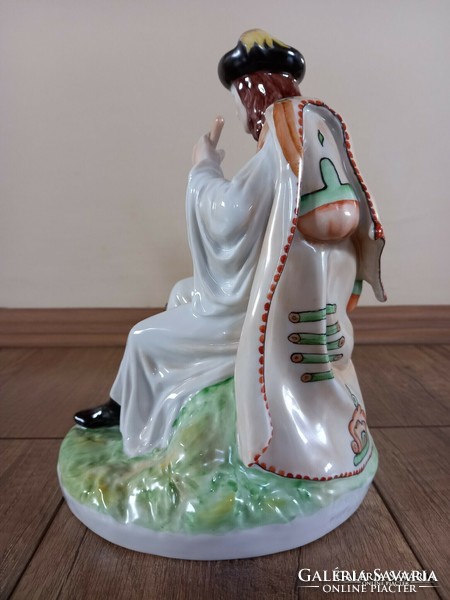Old Zsolnay flute-playing shepherd with his dog porcelain figure