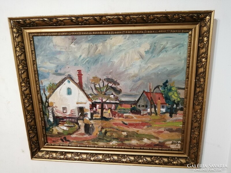 Gyula Sugár: picture of village life - a beautiful, original painting in a wonderful frame.