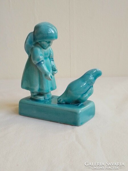 Old earthenware blue turquoise underglaze Zsolnay ceramic figure statue András Sinkó little girl feeding a hen