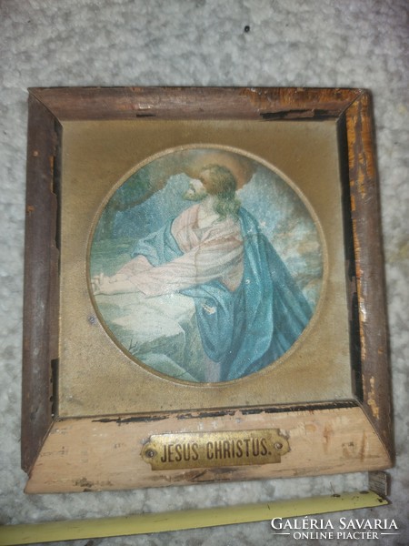 Antik Jézus kép, réztáblácskával.
