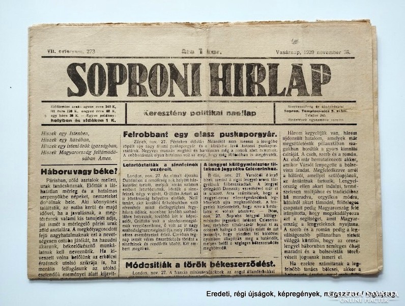 1920 november 28  /  SOPRONI HIRLAP  /  Eredeti, régi ÚJSÁG  Ssz.:  26858