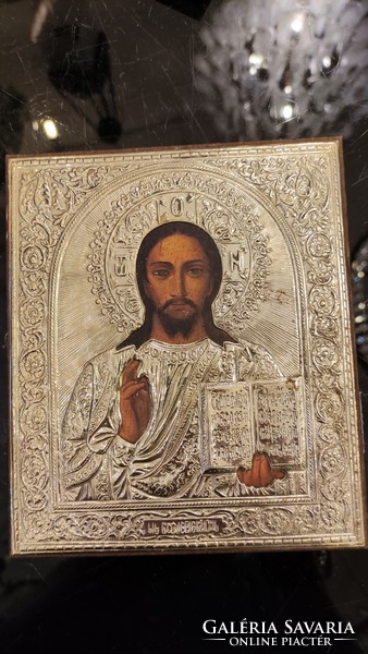 Régi ikon reprodukció XX közepe század ezüst keretben. Jézus.
