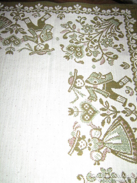 Wonderful vintage bavarian motif on an off-white background Tyrolean girl-boy and floral please woven tablecloth