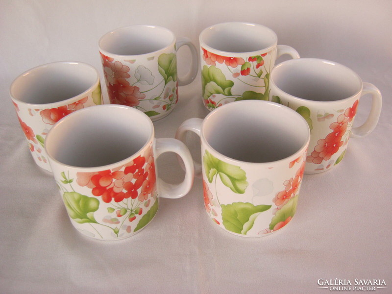 Set of 6 granite ceramic mugs with geranium pattern