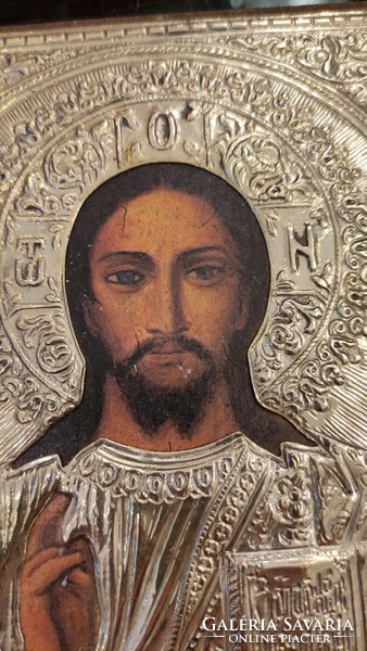 Régi ikon reprodukció XX közepe század ezüst keretben. Jézus.