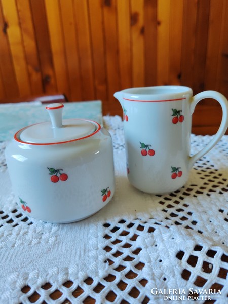 Alföldi porcelain cherry patterned sugar bowl and cream pourer