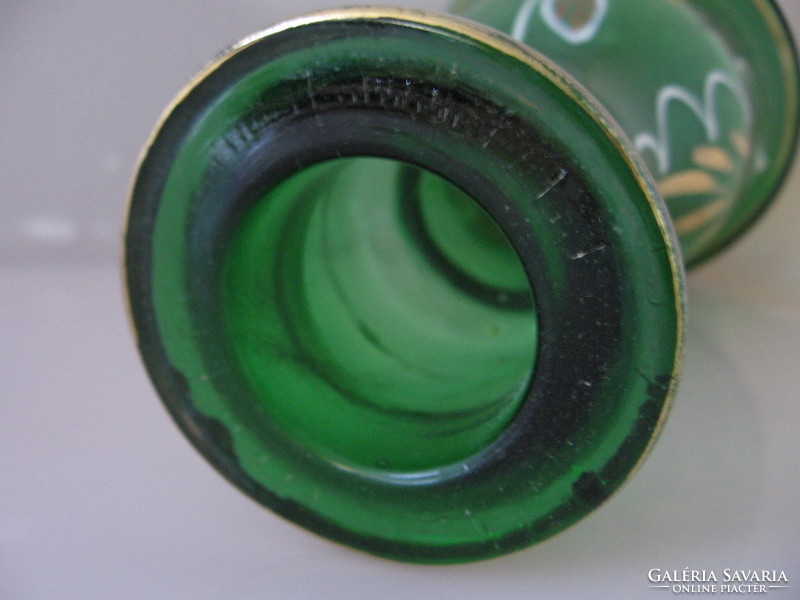 Green glass vase, hookah container gold and enamel pattern