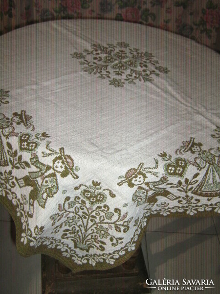 Wonderful vintage bavarian motif on an off-white background Tyrolean girl-boy and floral please woven tablecloth