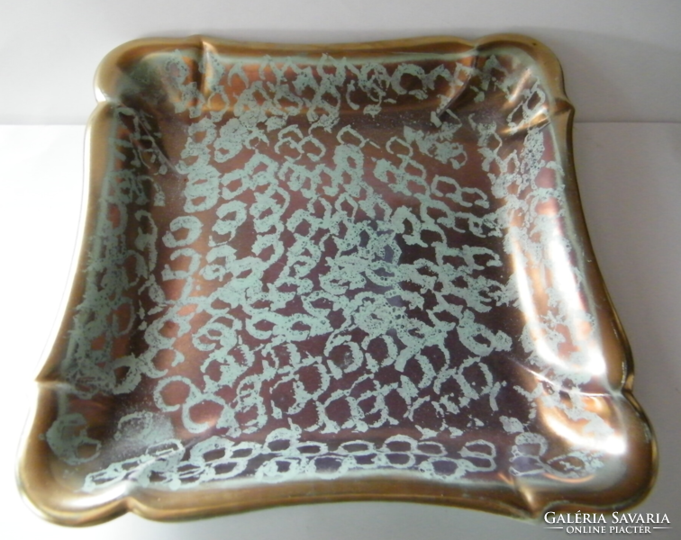 Retró türkiz-arany színű Fohr Ceramic kerámia dísztál, asztalközép, kínáló