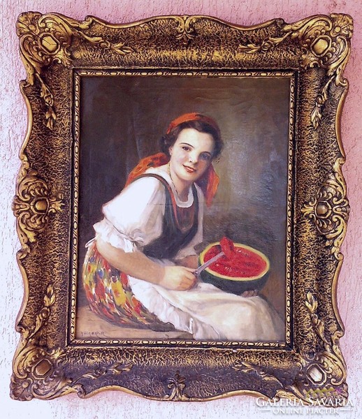 Antique oil on canvas painting. Richard Geiger: melon tasting girl