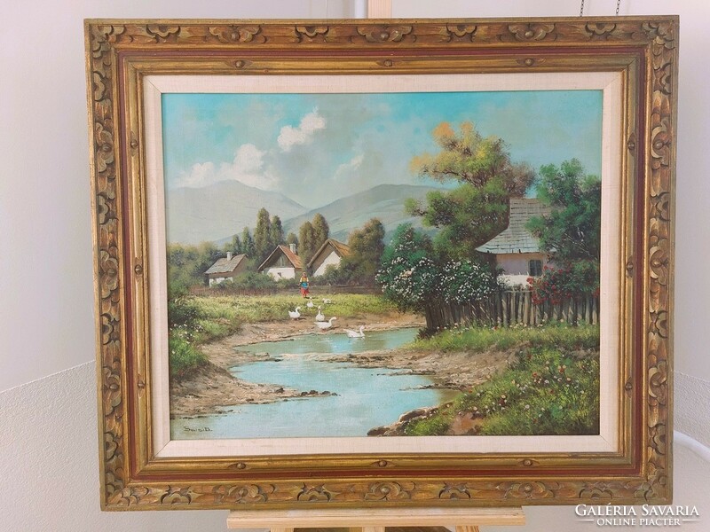 (K) Barsi Béla gyönyörű falusi életkép festménye  82x98 cm kerettel