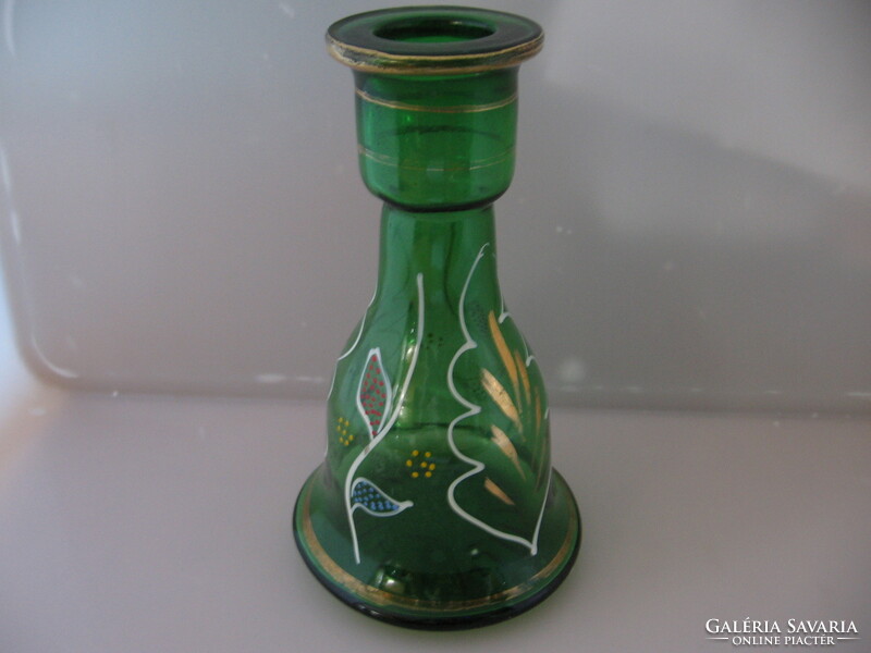 Green glass vase, hookah container gold and enamel pattern