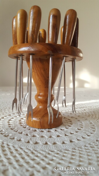 12-piece party fork, olive picker, with wooden holder