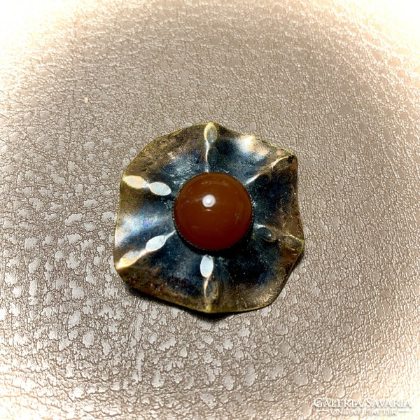 Vintage Carnelian Stone Brooch, Vintage Craftsman Pin from the 1970's or 80's with Carnelian Inlay