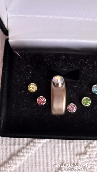 Metal alloy ring set, 7 pcs. Swarovski colored, screw-on, with replaceable stone, nickel-free