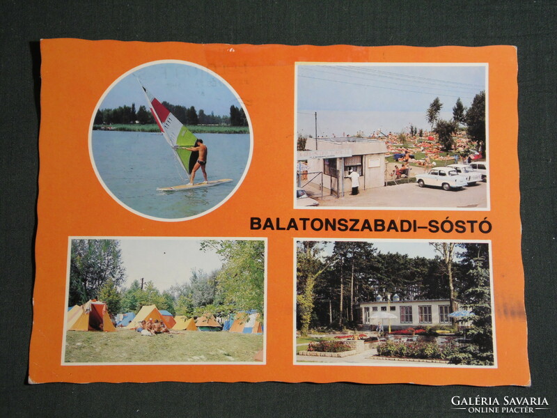 Képeslap, Balatonszabadi-Sóstó, mozaik részletek,szörf,strand,kemping,üdülő