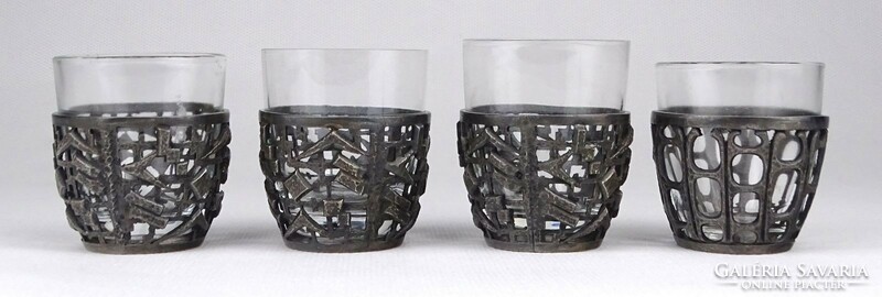 1Q267 Régi iparművészeti üvegbetétes ezüstözött fém stampedlis pohár készlet 4 darab