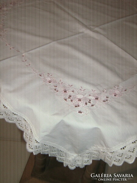 Beautiful madeira lace edged pink madeira floral tablecloth