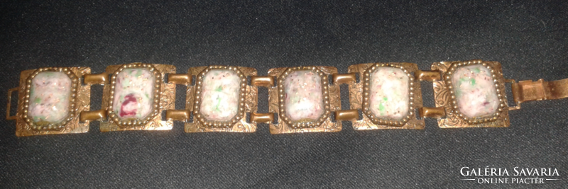 Vintage women's wide bronze bracelet with 6 large colored stones