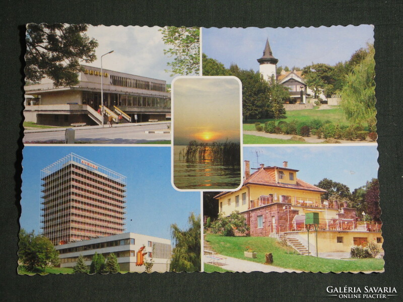 Postcard, Balatonalmádi, mosaic details, aurora hotel, post office, resorts, sunset