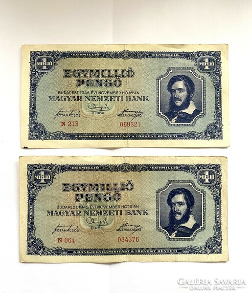 2 Pieces of one million pengő 1000000 pengő 1945