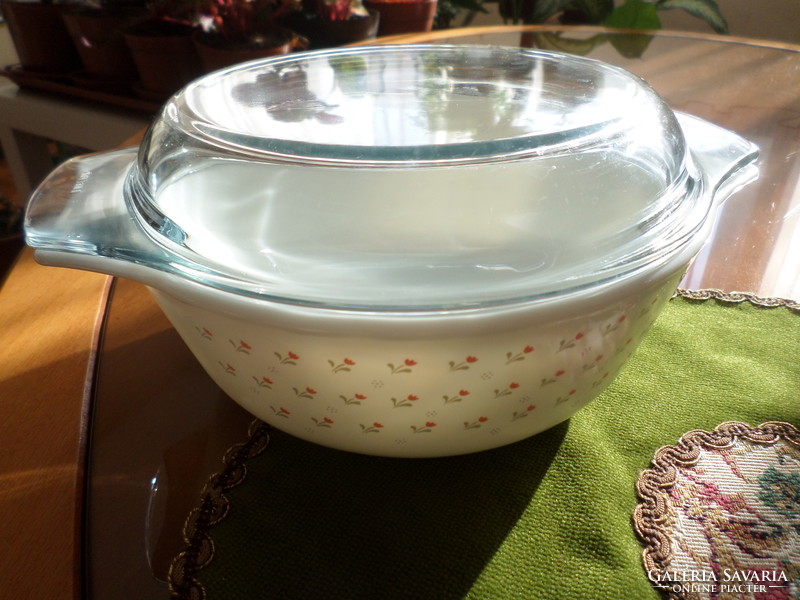 Heat-resistant milk glass, English pyrex, Jena bowl with a small flower pattern and lid